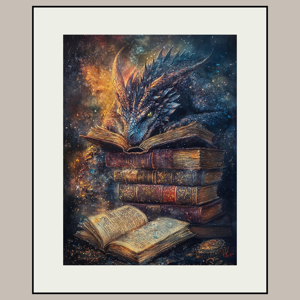 Fantasy Dragon Book Print, Mystical Serpent Wall Art Decor, Dark Academia Painting