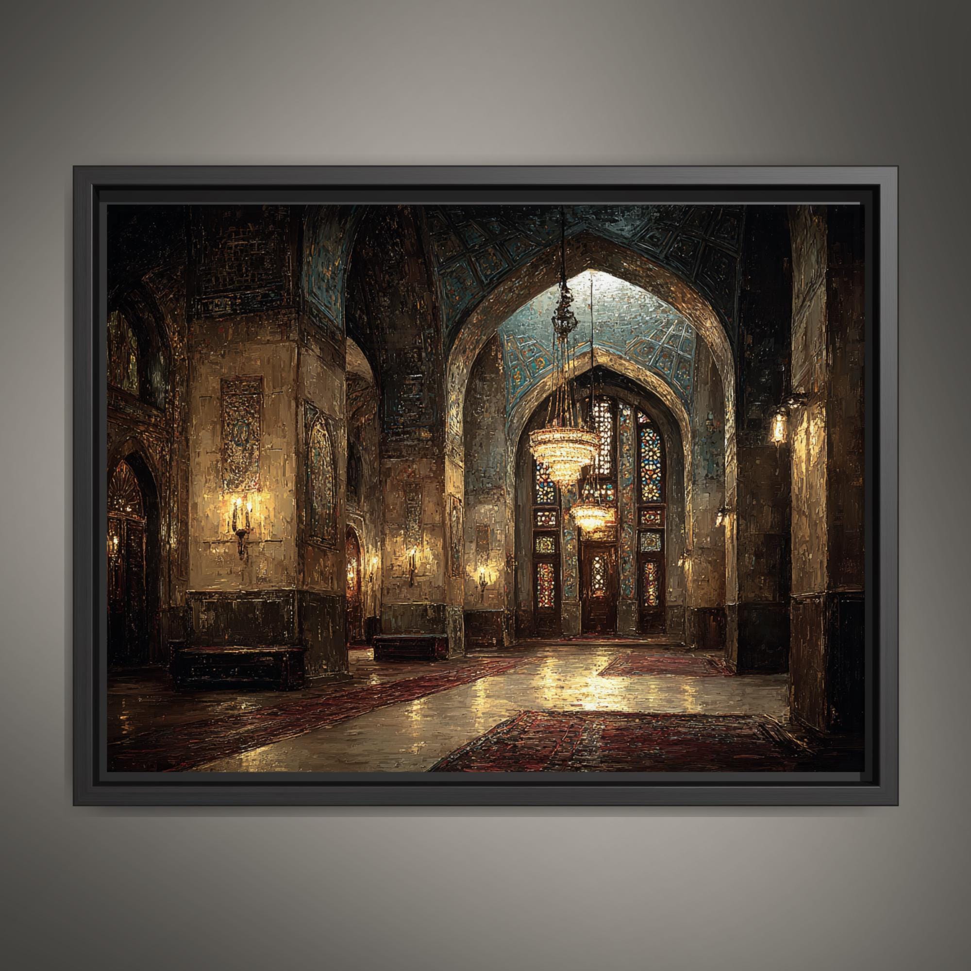 Golden Mosque Interior Wall Art, Sacred Islamic Architectural Painting, Glowing Chandeliers Print Main image