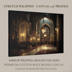 Golden Mosque Interior Wall Art, Sacred Islamic Architectural Painting, Glowing Chandeliers Print