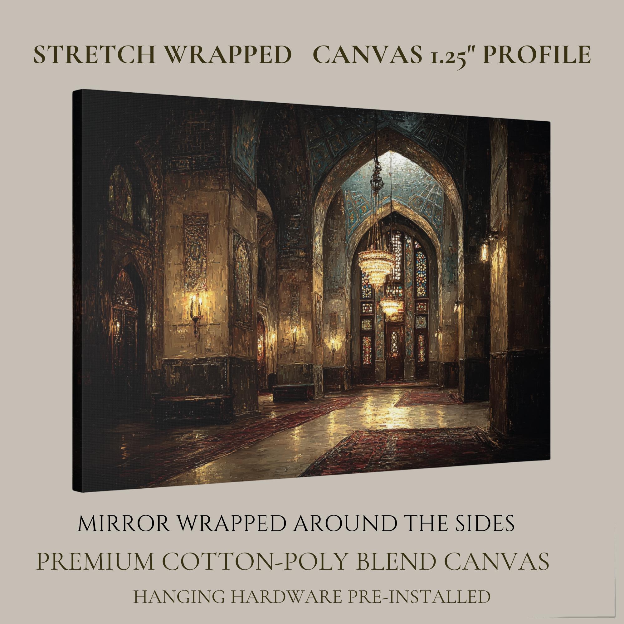 Golden Mosque Interior Wall Art, Sacred Islamic Architectural Painting, Glowing Chandeliers Print