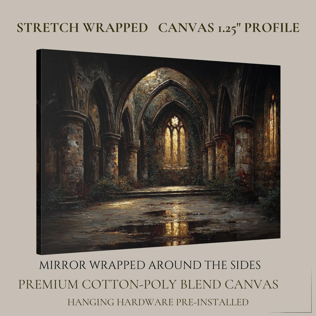 Gothic Abbey Ruins Wall Art, Golden Arched Windows Light Painting, Dark Academia Architecture Print