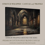 Gothic Abbey Ruins Wall Art, Golden Arched Windows Light Painting, Dark Academia Architecture Print