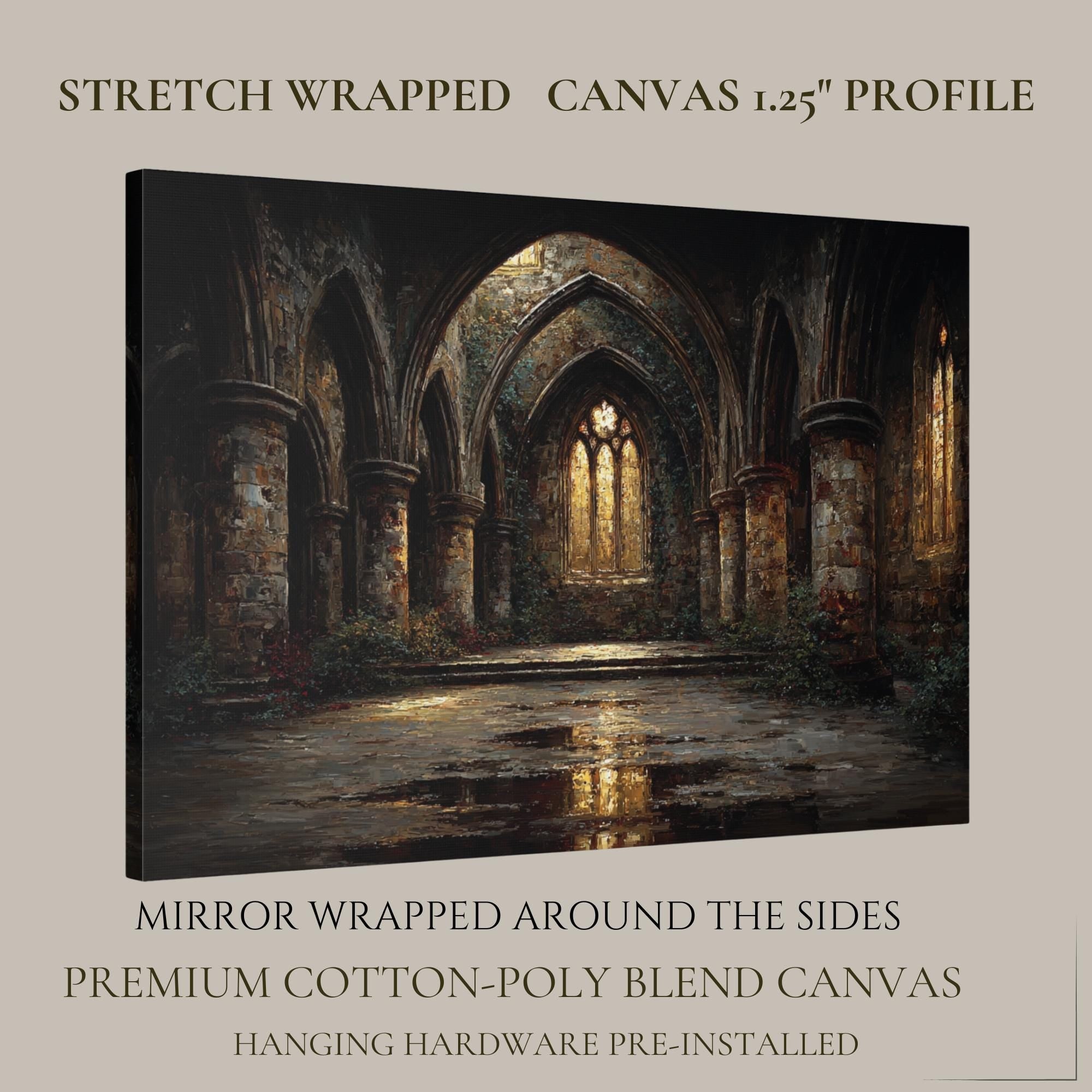 Gothic Abbey Ruins Wall Art, Golden Arched Windows Light Painting, Dark Academia Architecture Print