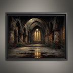 Gothic Abbey Ruins Wall Art, Golden Arched Windows Light Painting, Dark Academia Architecture Print