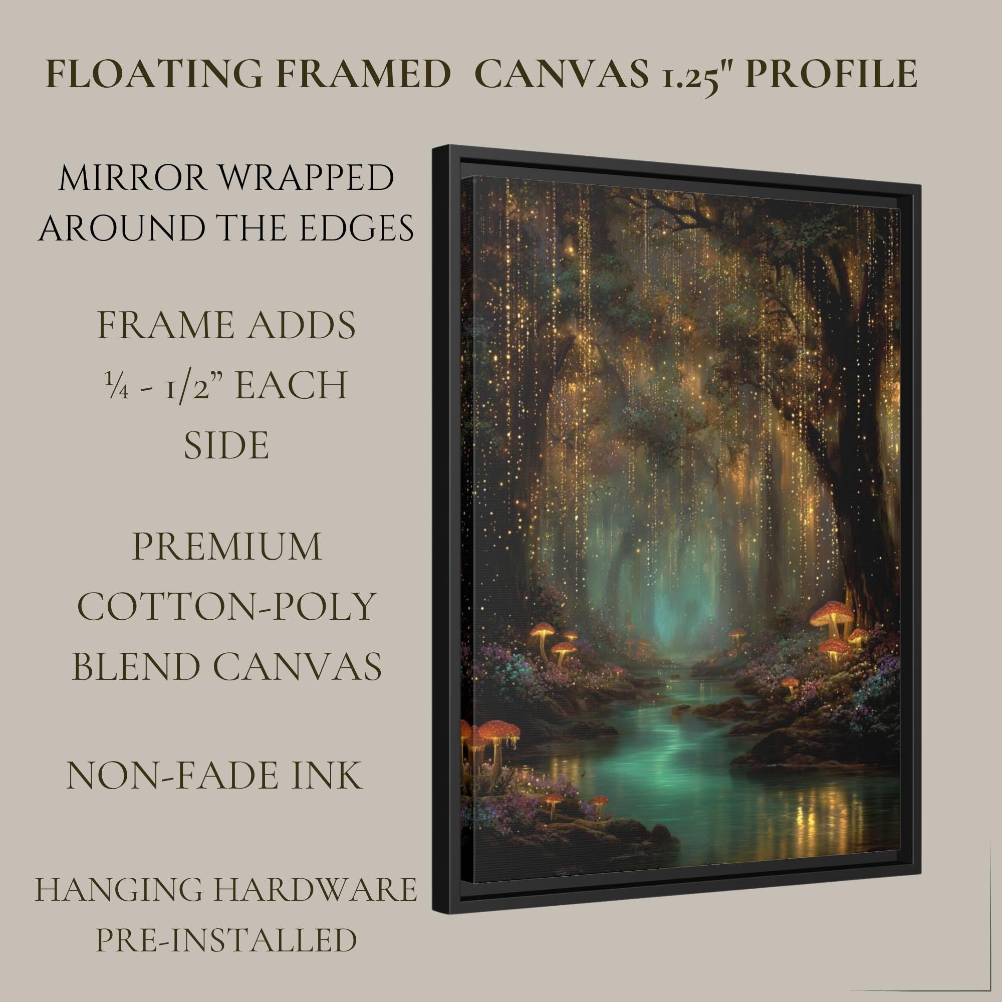 Toadstools and Fireflies Magical Glowing Fairycore Print Enchanted Teal River Forest Wallart