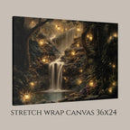 Forest Waterfall Horizontal Art Print, Dark Moody Enchanted Fairy Lantern Landscape Whimsical Woodland Painting