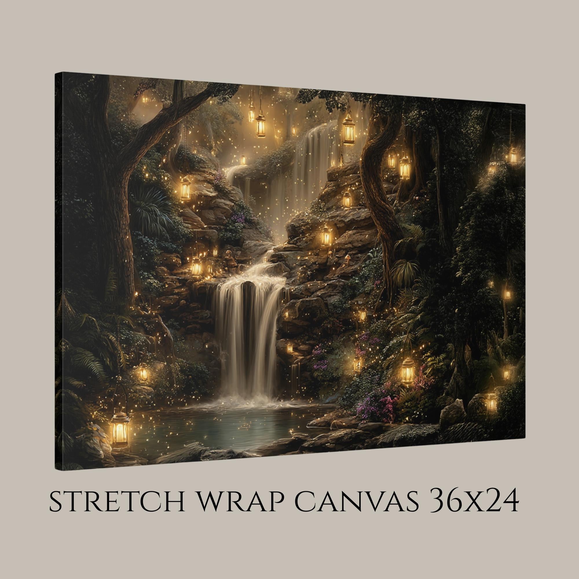 Forest Waterfall Horizontal Art Print, Dark Moody Enchanted Fairy Lantern Landscape Whimsical Woodland Painting