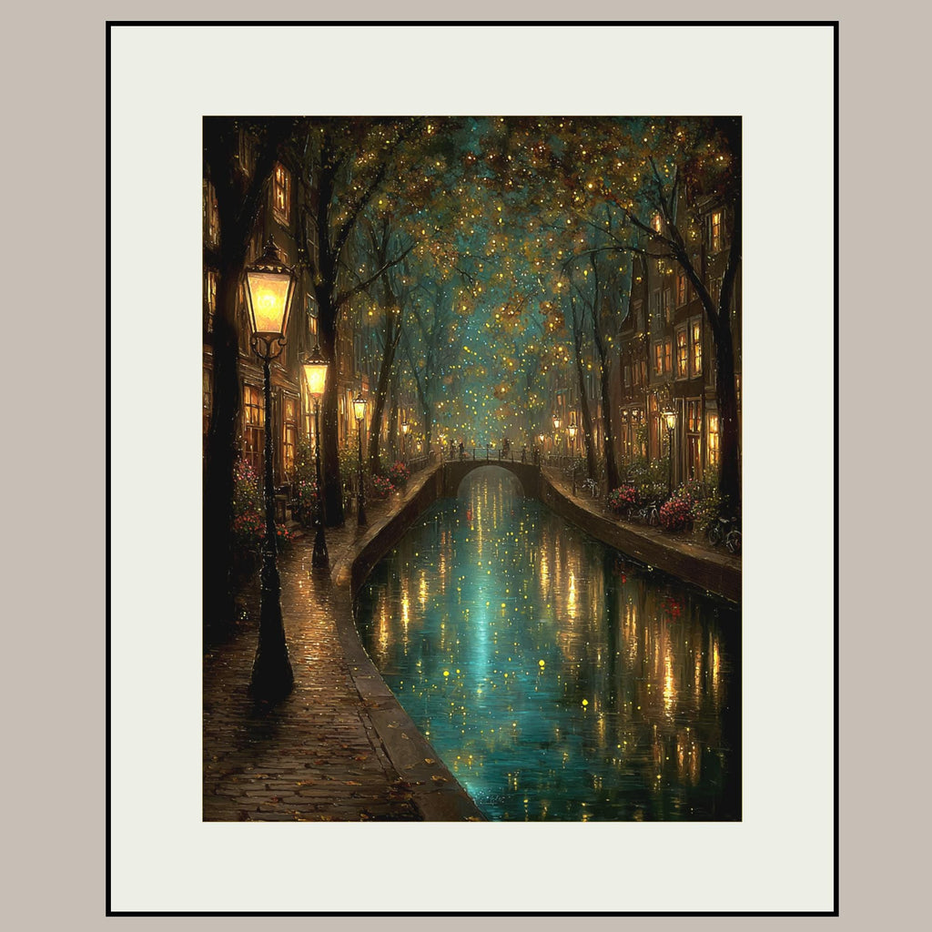 Canal Path Nightime Scene Print Glowing Firefly Oil Painting Style Golden Lantern Lit Reflections