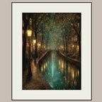Canal Path Nightime Scene Print Glowing Firefly Oil Painting Style Golden Lantern Lit Reflections