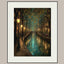 Canal Path Nightime Scene Print Glowing Firefly Oil Painting Style Golden Lantern Lit Reflections