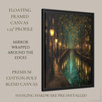 Canal Path Nightime Scene Print Glowing Firefly Oil Painting Style Golden Lantern Lit Reflections