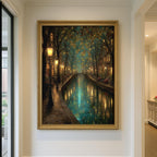 Canal Path Nightime Scene Print Glowing Firefly Oil Painting Style Golden Lantern Lit Reflections