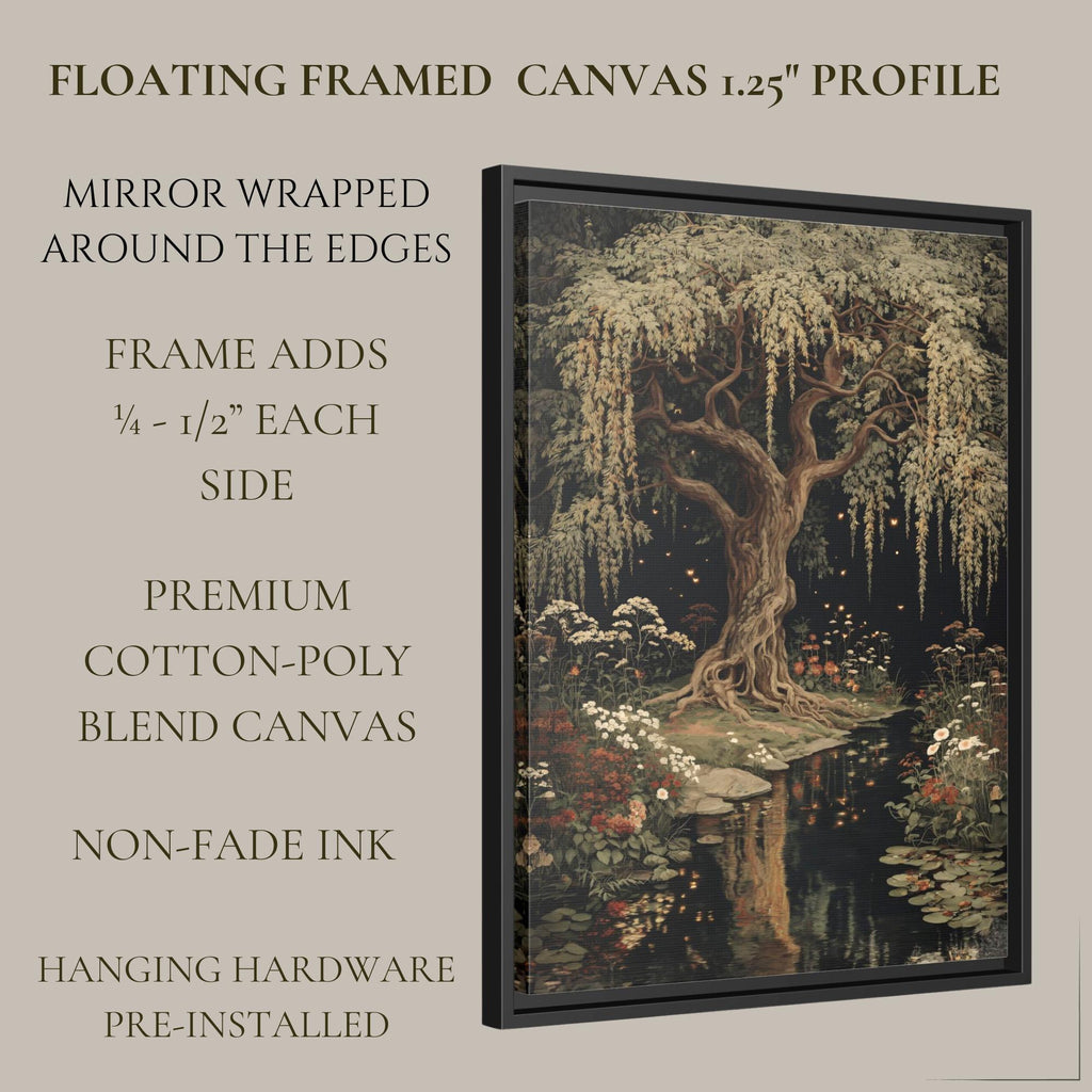 Moonlit Willow Tree Print, Dark Academia Romantic Forest Art, William Morris Inspired Nature Decor