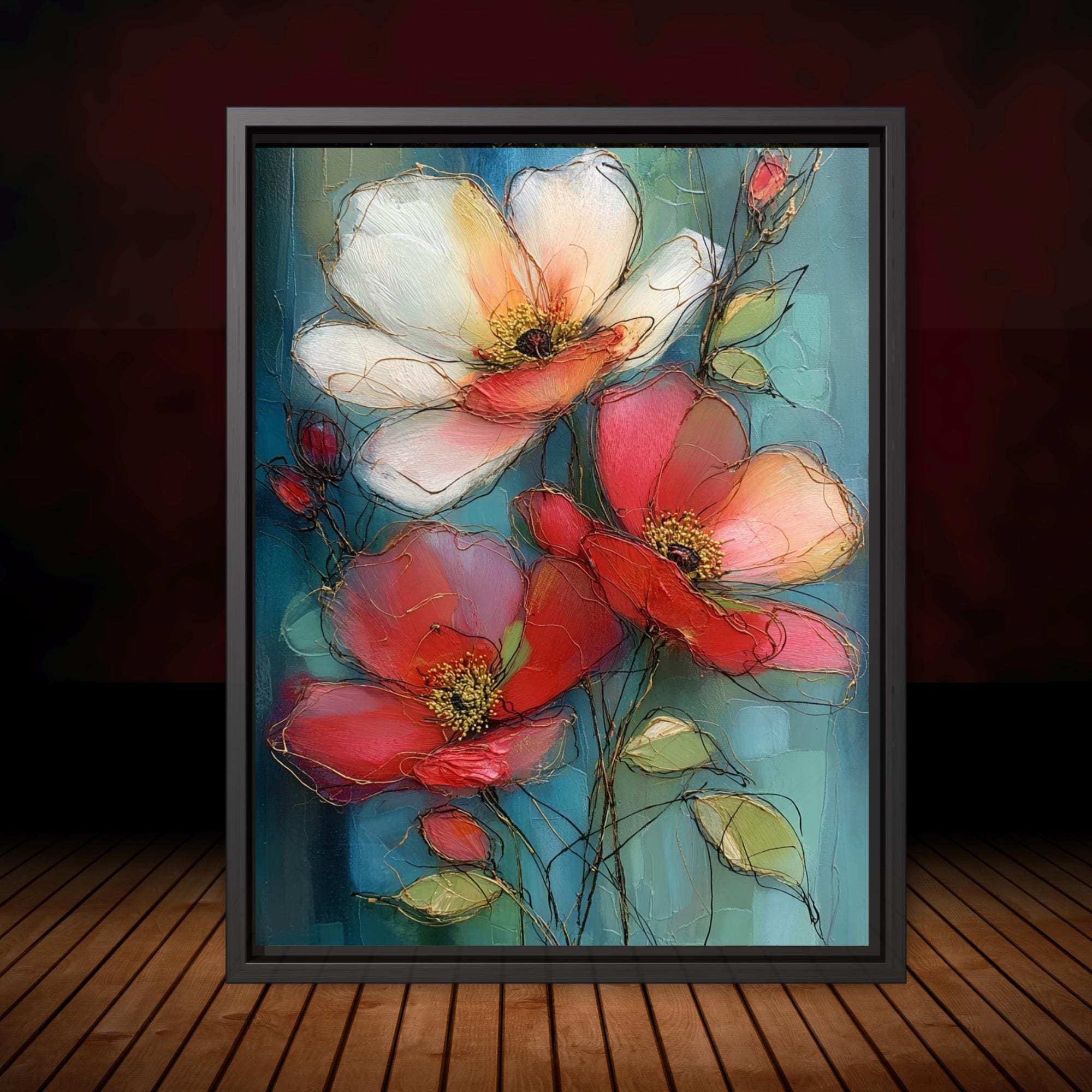 Moody Poppy Painting Dark Floral Wall Art Gothic Botanical Print Gold Accents Elegant Decor Main image