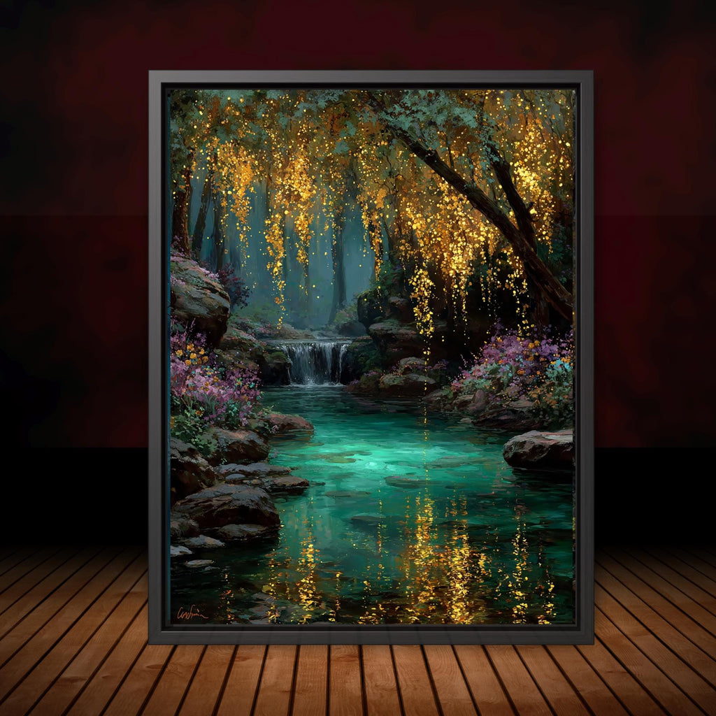 Turquoise Pond Gold Willow Print, Fairy Light River Wall Art, Enchanted Tree Mystical Woodland