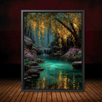 Turquoise Pond Gold Willow Print, Fairy Light River Wall Art, Enchanted Tree Mystical Woodland