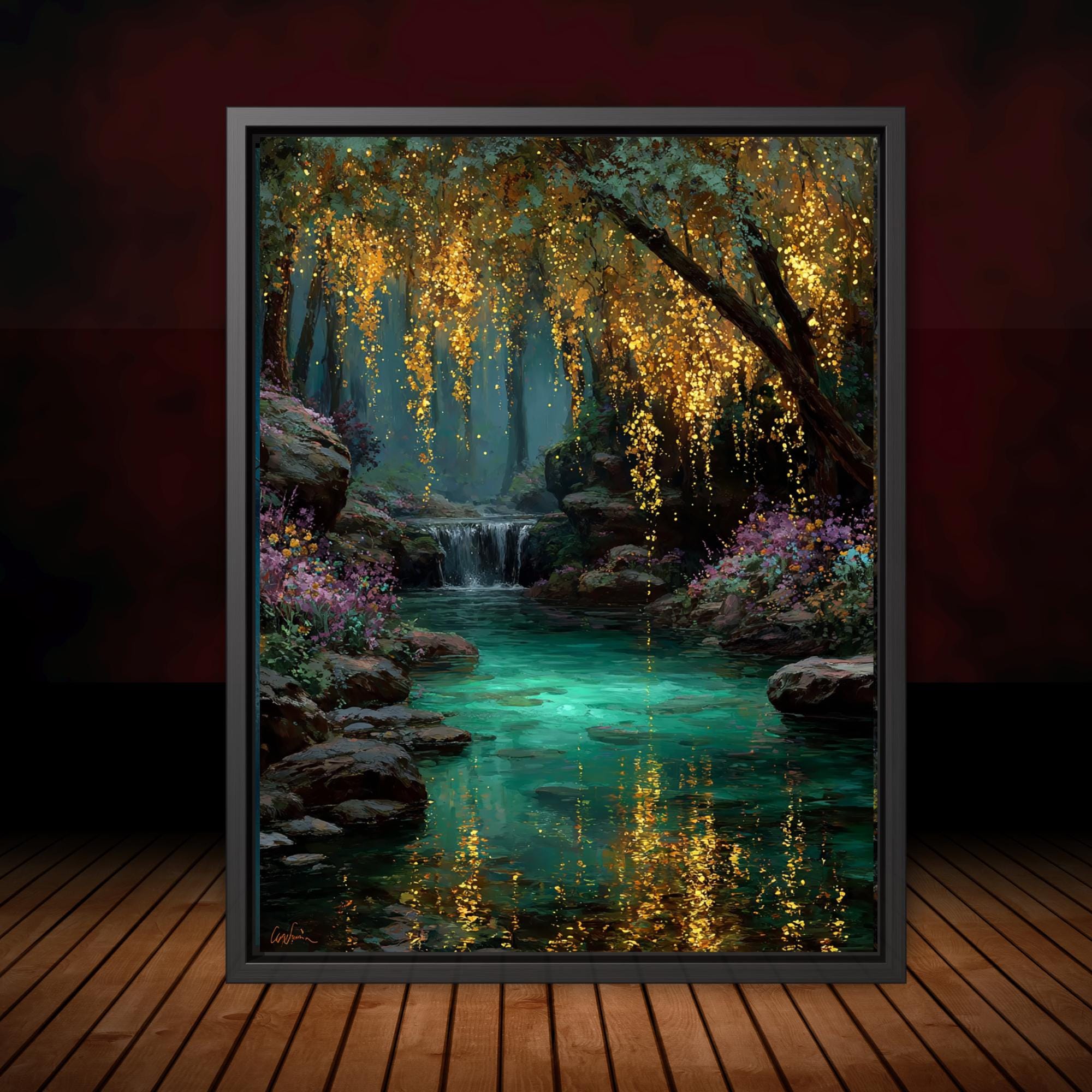 Turquoise Pond Gold Willow Print, Fairy Light River Wall Art, Enchanted Tree Mystical Woodland