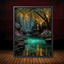 Turquoise Pond Gold Willow Print, Fairy Light River Wall Art, Enchanted Tree Mystical Woodland