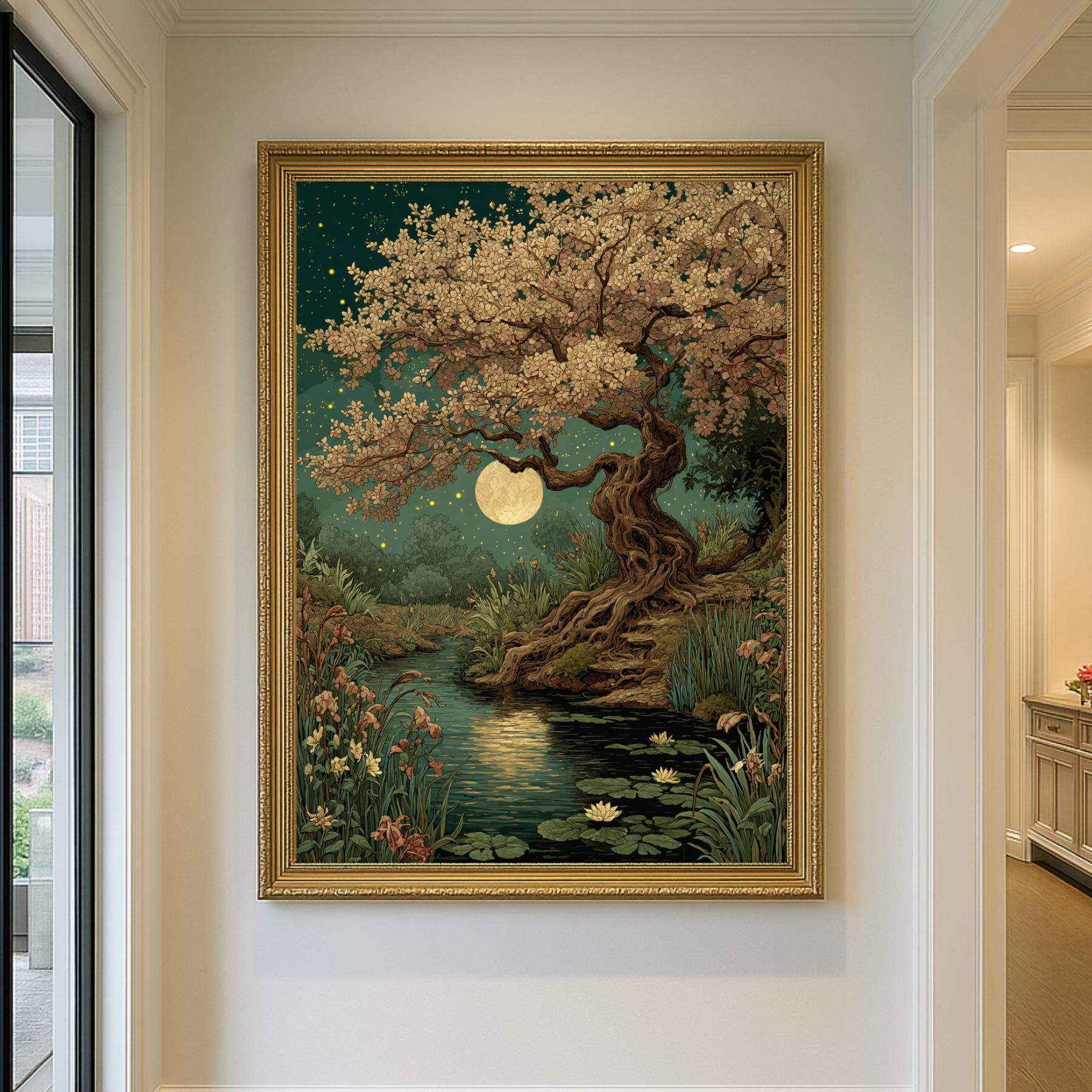 Moonlit Cherry Tree Print, Dark Academia Romantic Forest Art, William Morris Inspired Nature Decor