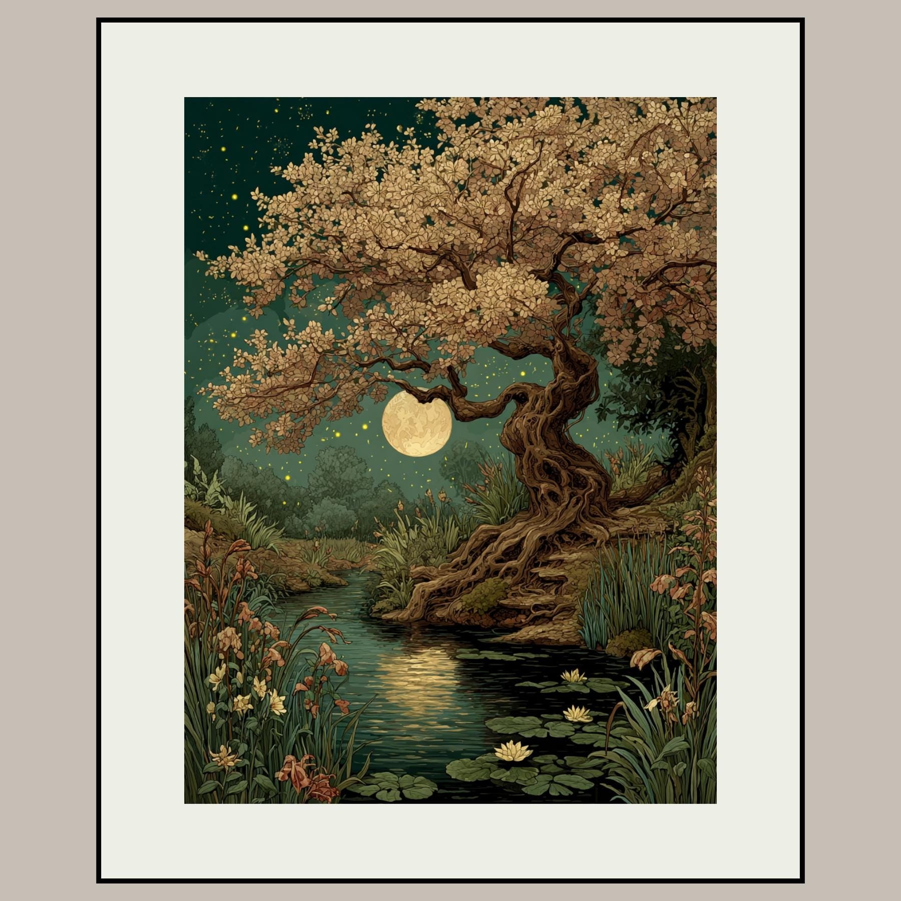 Moonlit Cherry Tree Print, Dark Academia Romantic Forest Art, William Morris Inspired Nature Decor Secondary image