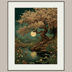 Moonlit Cherry Tree Print, Dark Academia Romantic Forest Art, William Morris Inspired Nature Decor