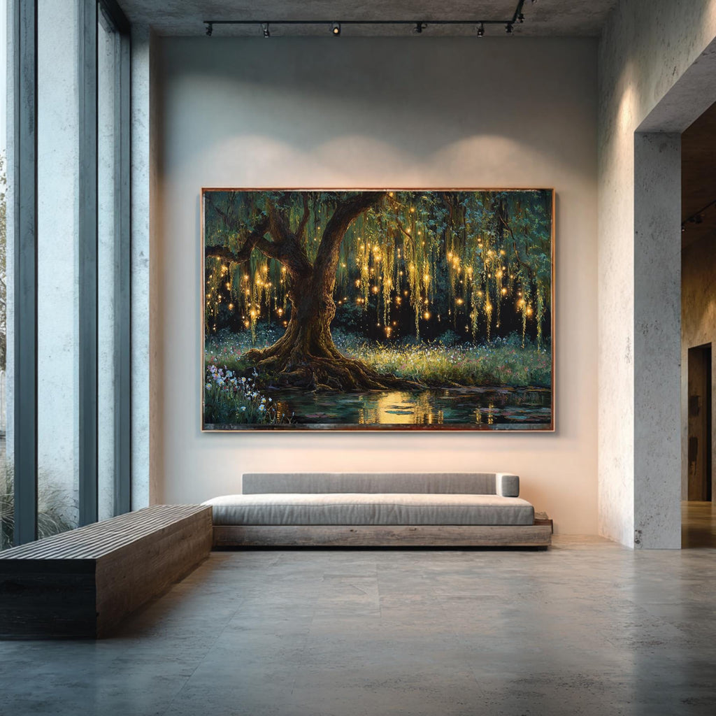 Firefly Forest Horizontal Art Print Golden Willow Tree Leaves Trailing, Enchanted Woodland Painting