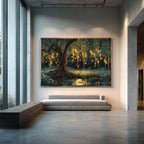 Firefly Forest Horizontal Art Print Golden Willow Tree Leaves Trailing, Enchanted Woodland Painting
