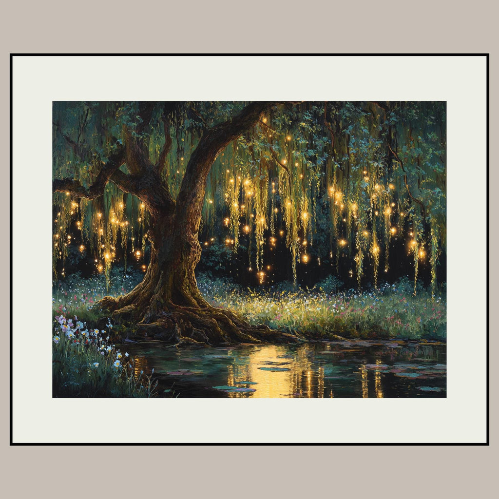 Firefly Forest Horizontal Art Print Golden Willow Tree Leaves Trailing, Enchanted Woodland Painting