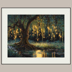 Firefly Forest Horizontal Art Print Golden Willow Tree Leaves Trailing, Enchanted Woodland Painting