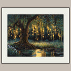 Firefly Forest Horizontal Art Print Golden Willow Tree Leaves Trailing, Enchanted Woodland Painting