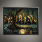 Firefly Forest Horizontal Art Print Golden Willow Tree Leaves Trailing, Enchanted Woodland Painting