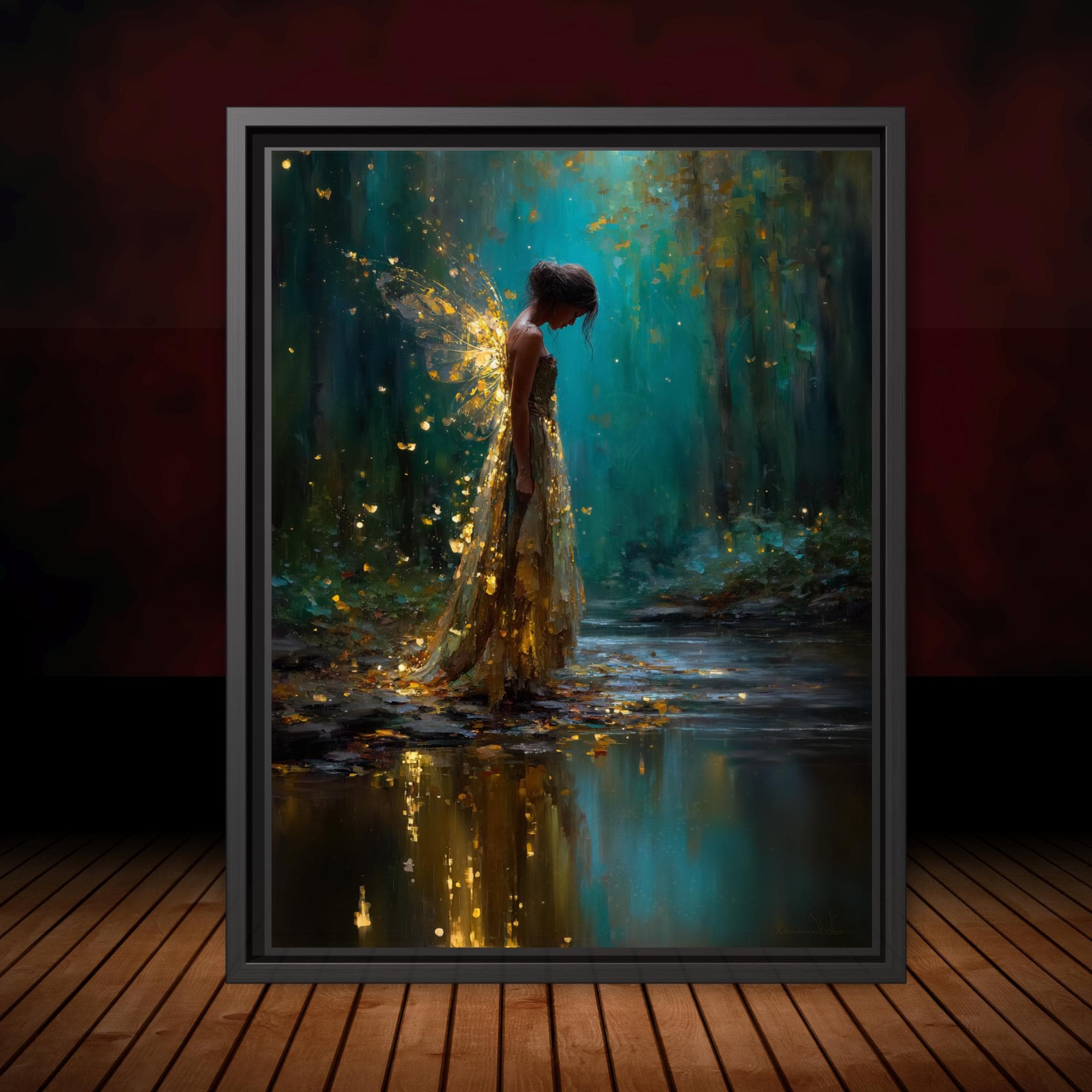 Forest Fairy Tattered Gold Wings Wall Art, Teal Fantasy Print, Enchanted Moonlit Woodland Decor