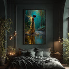 Forest Fairy Tattered Gold Wings Wall Art, Teal Fantasy Print, Enchanted Moonlit Woodland Decor