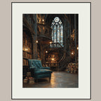 Vintage Library Interior Wall Art Print Gothic Book Nook Stained Glass Window Oil Painting