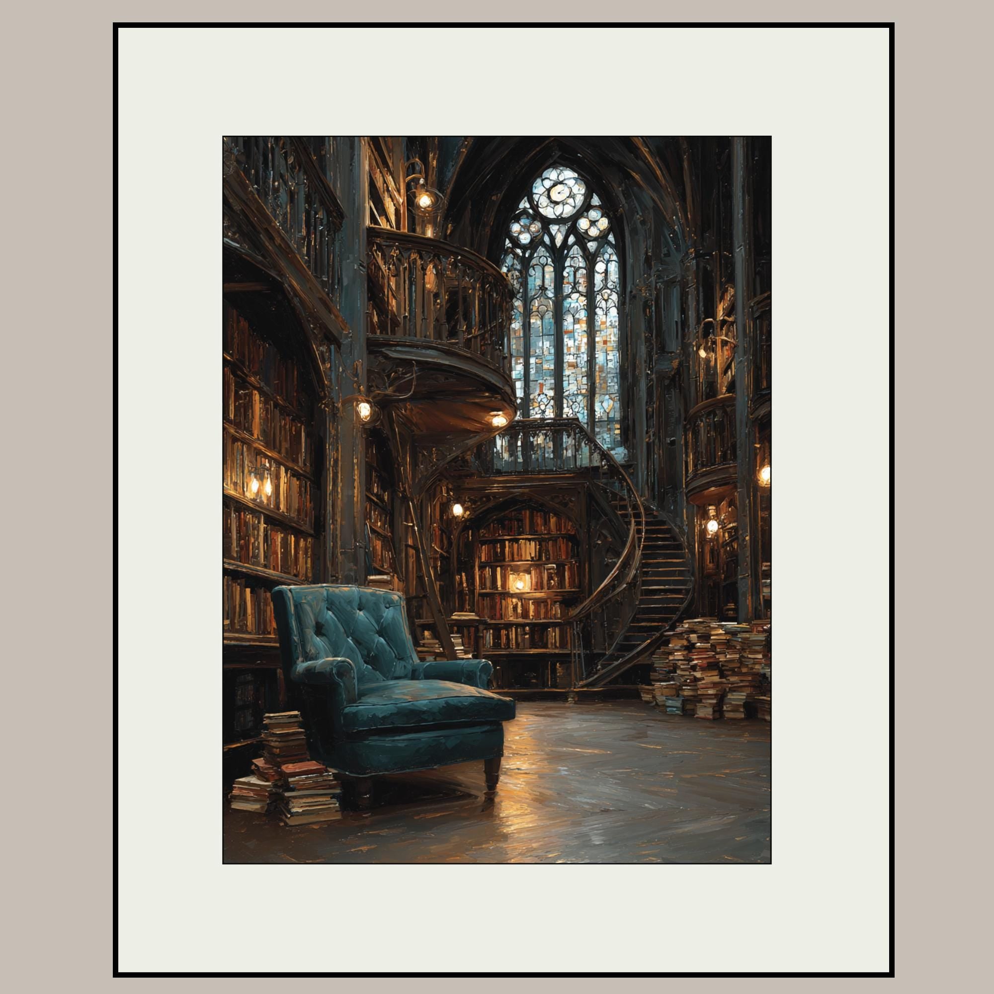 Vintage Library Interior Wall Art Print Gothic Book Nook Stained Glass Window Oil Painting