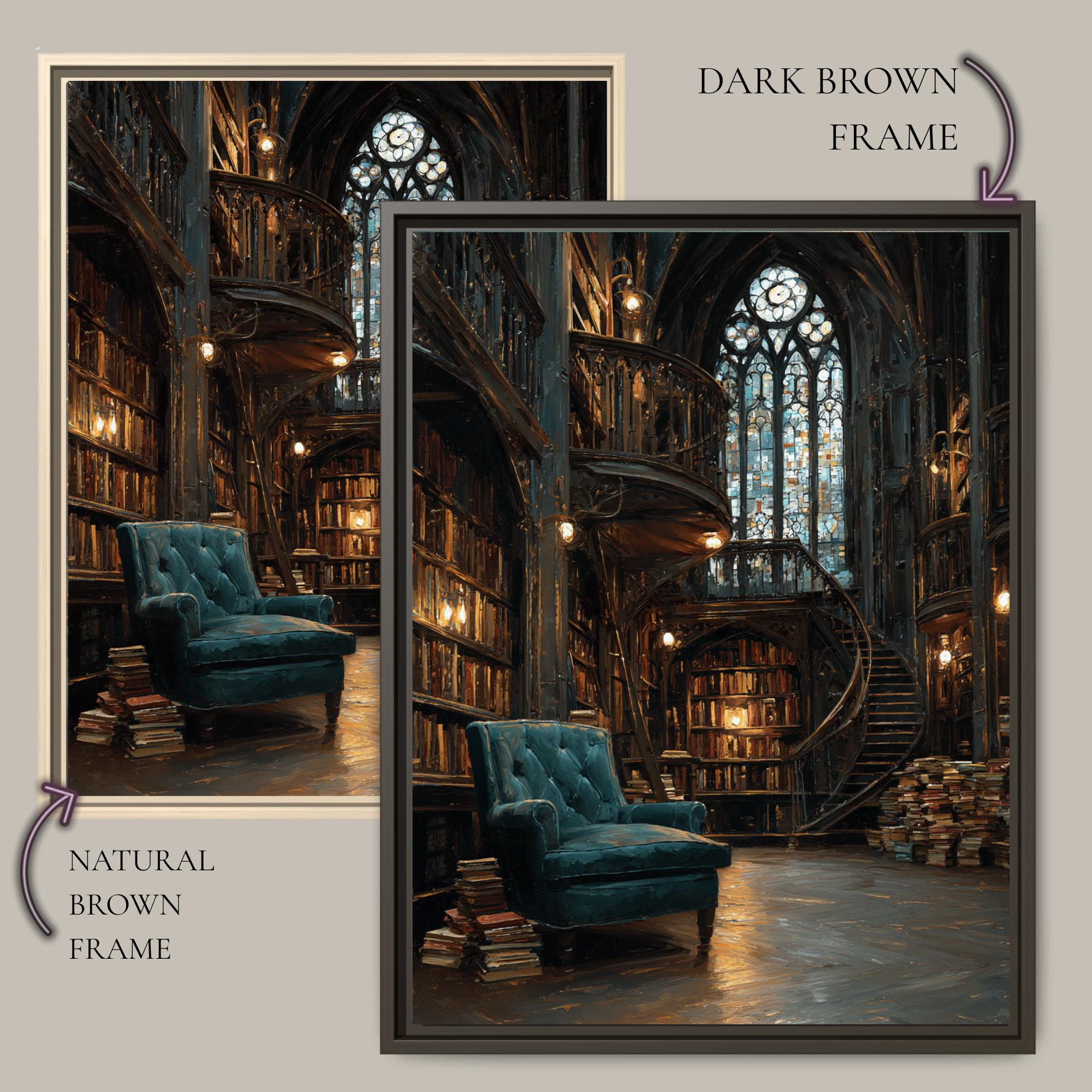 Vintage Library Interior Wall Art Print Gothic Book Nook Stained Glass Window Oil Painting