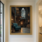 Vintage Library Interior Wall Art Print Gothic Book Nook Stained Glass Window Oil Painting