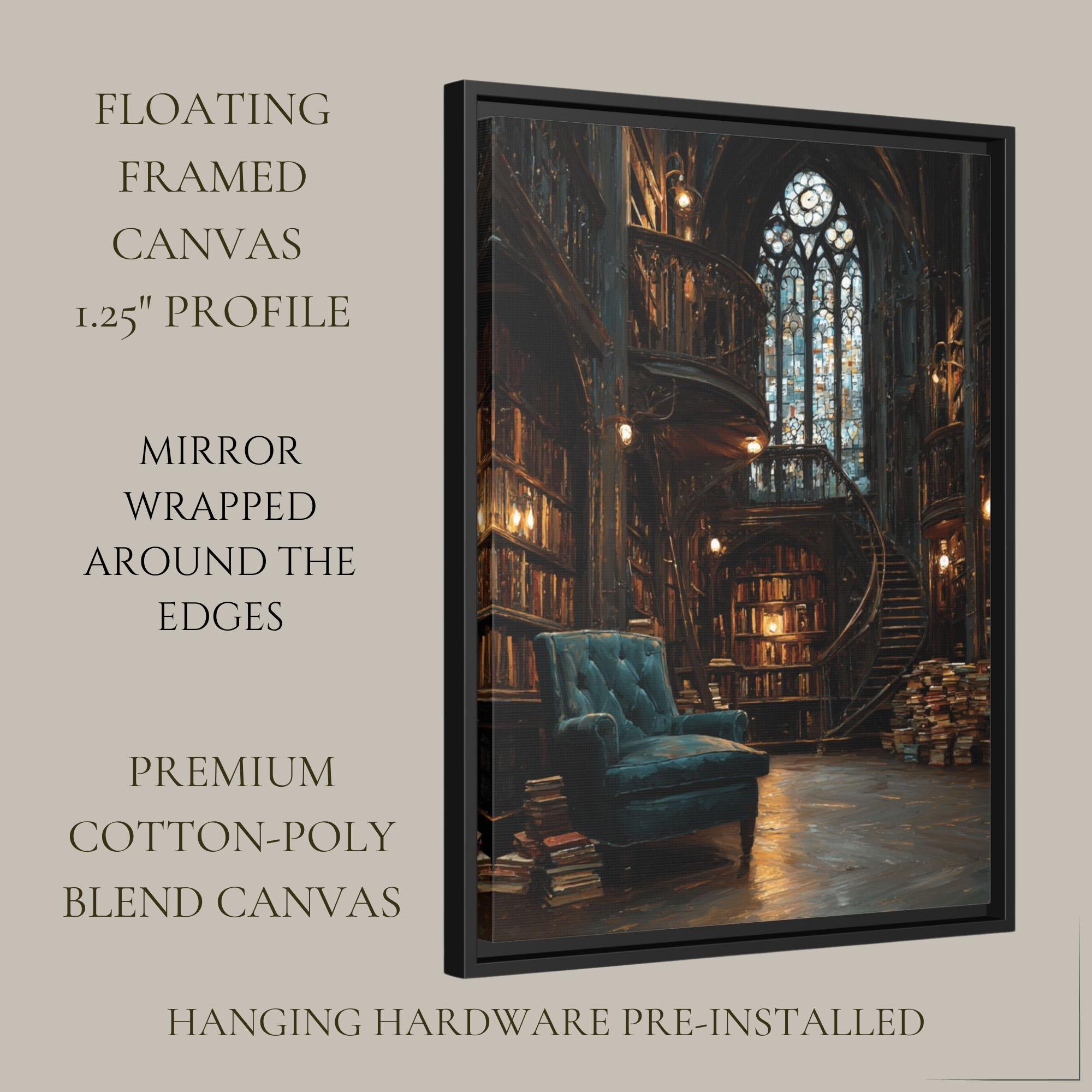 Vintage Library Interior Wall Art Print Gothic Book Nook Stained Glass Window Oil Painting