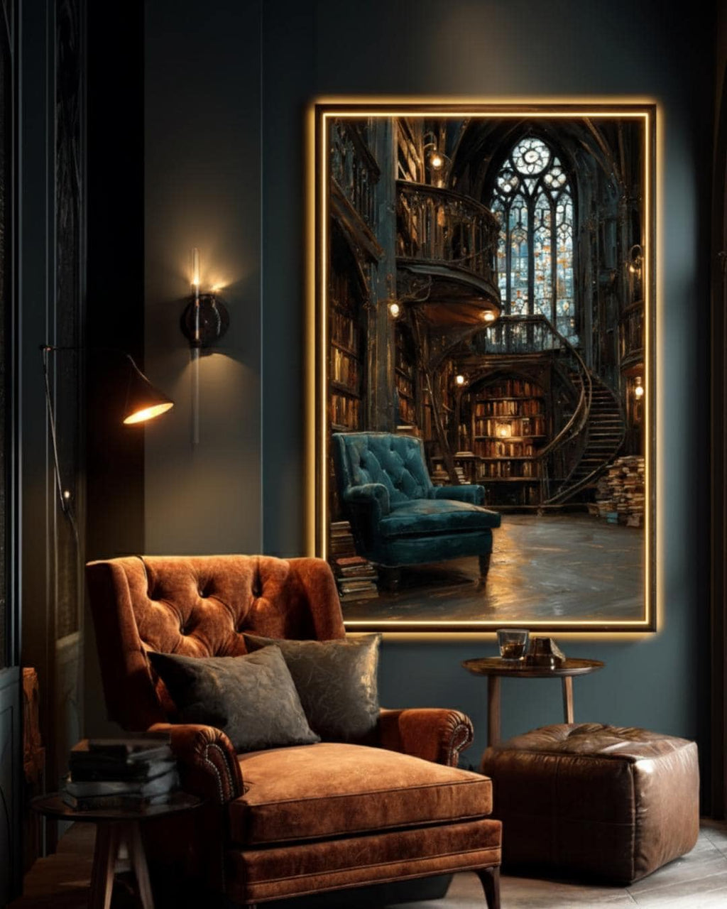 Vintage Library Interior Wall Art Print Gothic Book Nook Stained Glass Window Oil Painting