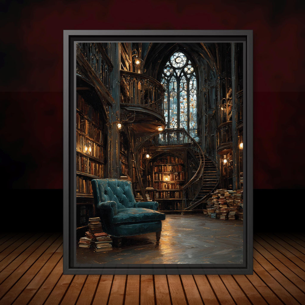 Vintage Library Interior Wall Art Print Gothic Book Nook Stained Glass Window Oil Painting