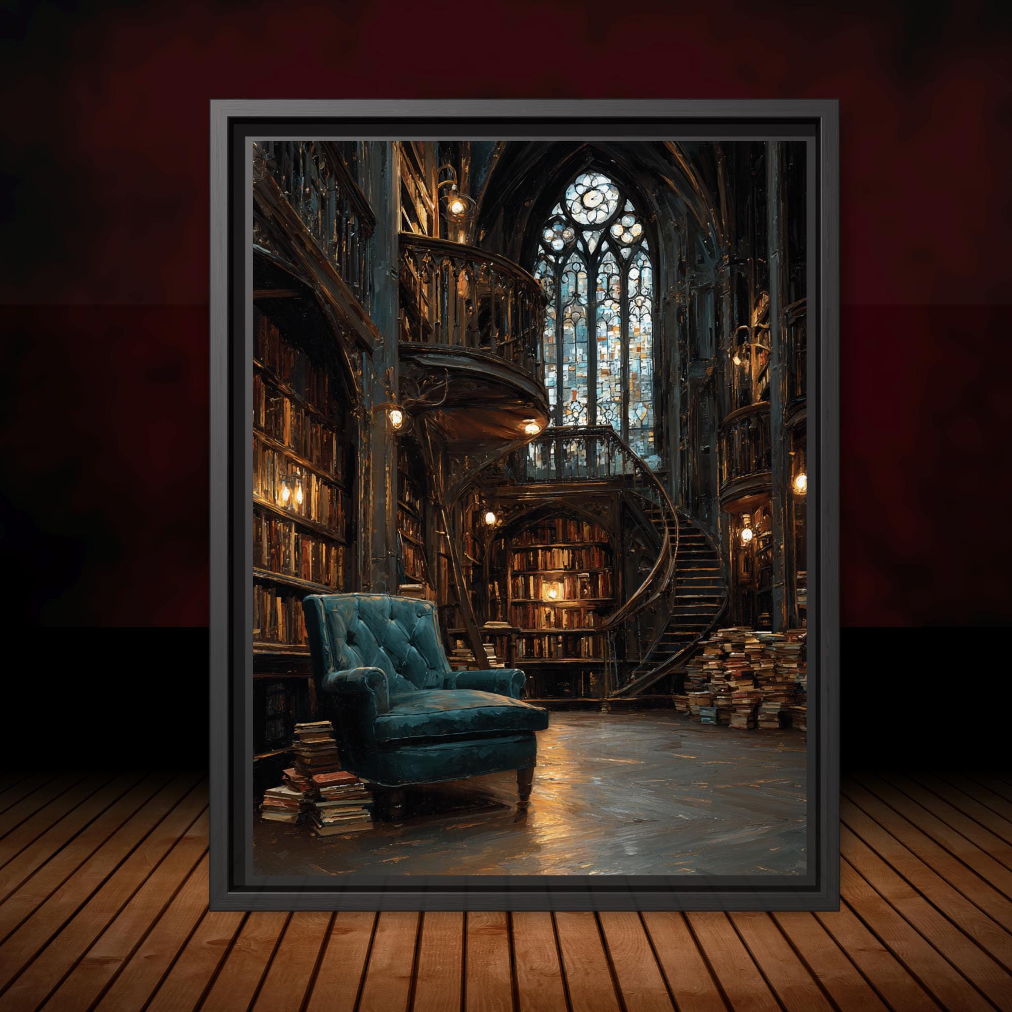 Vintage Library Interior Wall Art Print Gothic Book Nook Stained Glass Window Oil Painting
