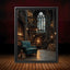 Vintage Library Interior Wall Art Print Gothic Book Nook Stained Glass Window Oil Painting