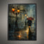 Rainy City Street Wall Art Print, Solitary Figure Red Umbrella, Glowing Lampposts, Nightime Painting