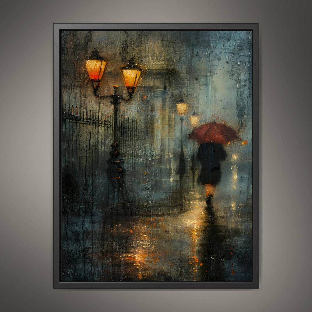 Rainy City Street Wall Art Print, Solitary Figure Red Umbrella, Glowing Lampposts, Nightime Painting