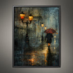Rainy City Street Wall Art Print, Solitary Figure Red Umbrella, Glowing Lampposts, Nightime Painting