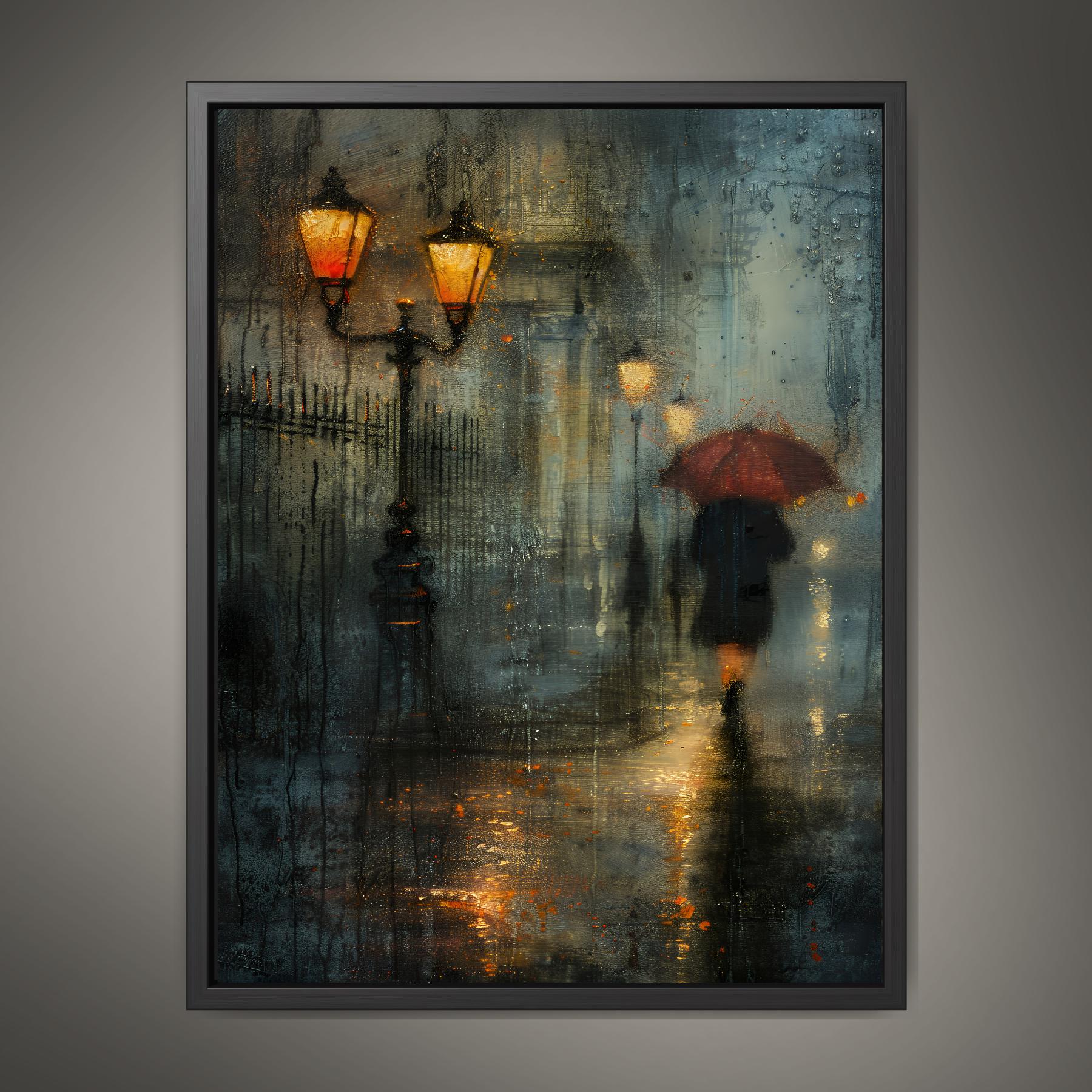 Rainy City Street Wall Art Print, Solitary Figure Red Umbrella, Glowing Lampposts, Nightime Painting