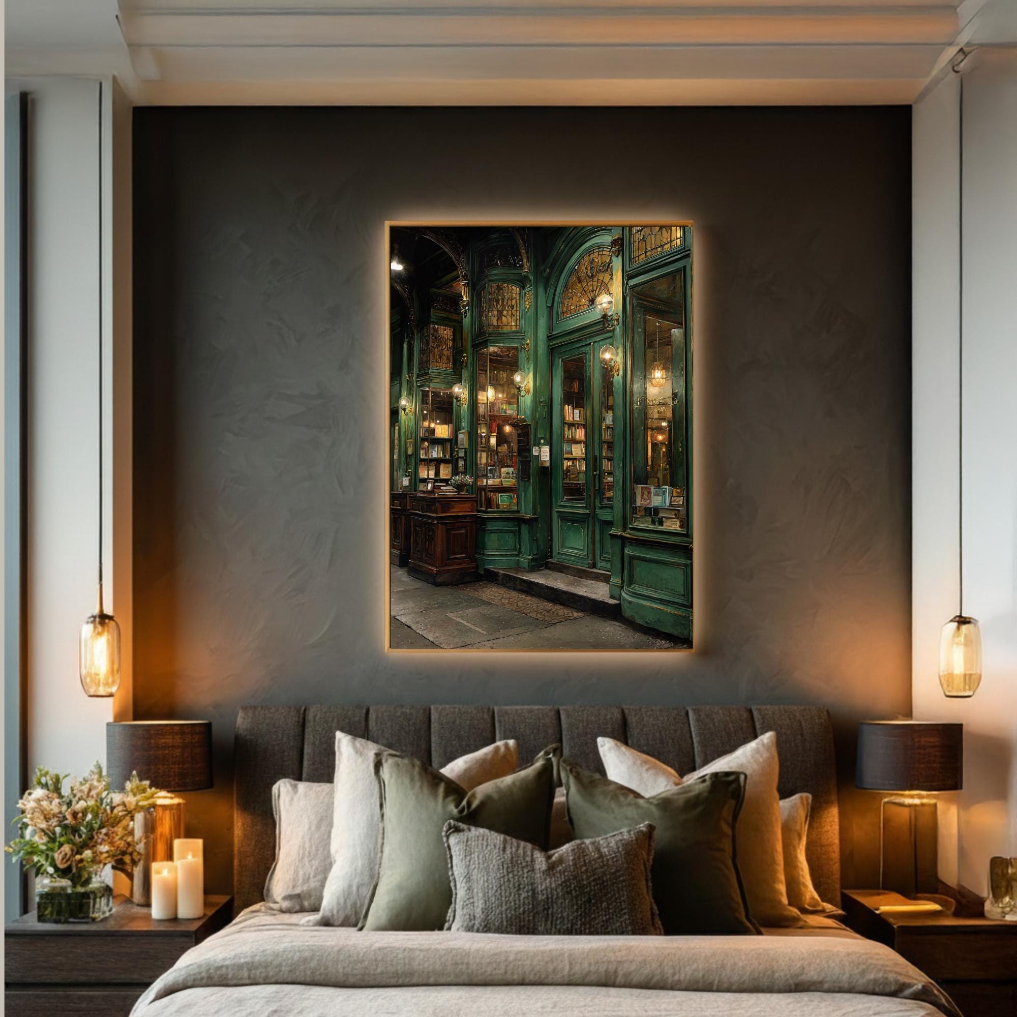 Victorian Green Bookstore Wall Art Print Vintage Library Storefront Moody London Bookshop Painting Secondary image