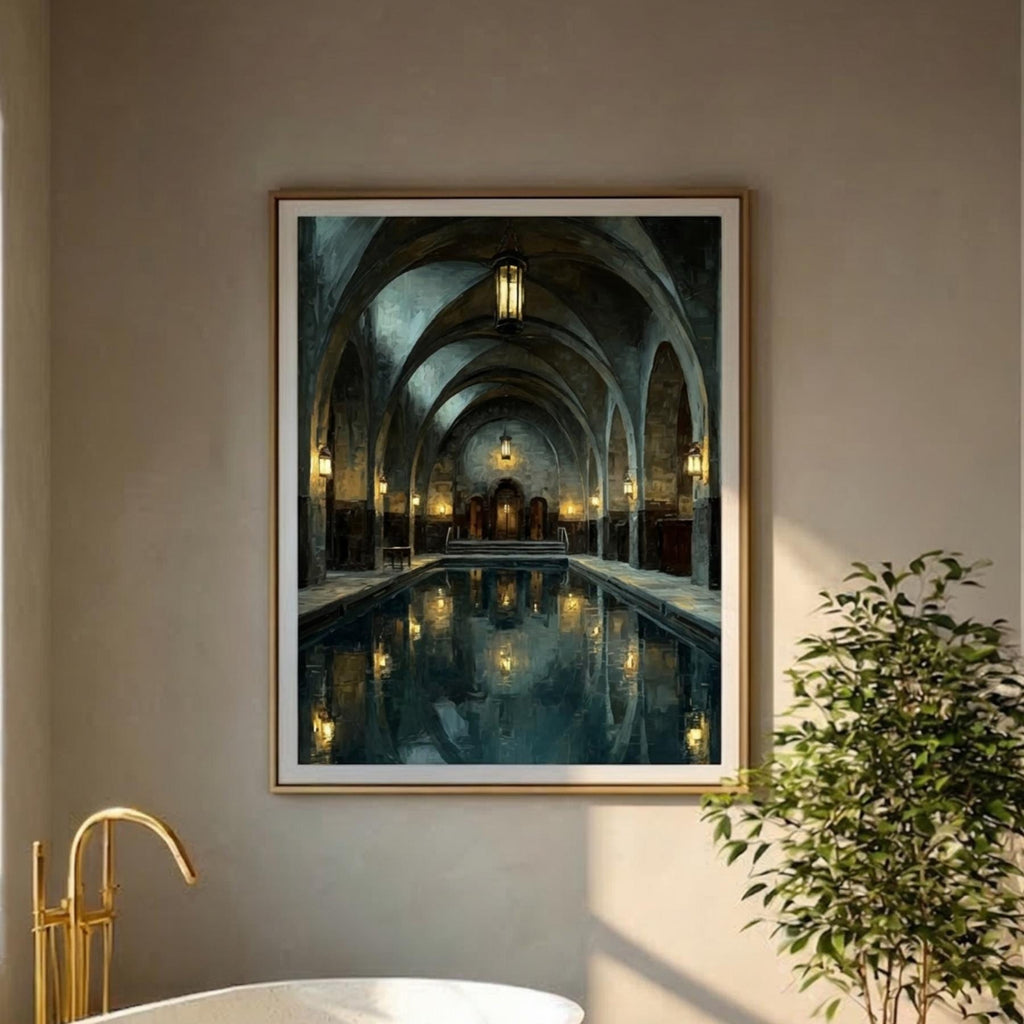 Victorian Bathhouse Corridor Art Print, Dark Academia Architecture, Gothic Spa Interior, Moody Historic Baths