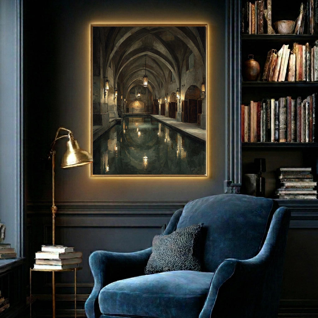 Victorian Bathhouse Corridor Art Print, Dark Academia Architecture, Gothic Spa Interior, Moody Historic Baths