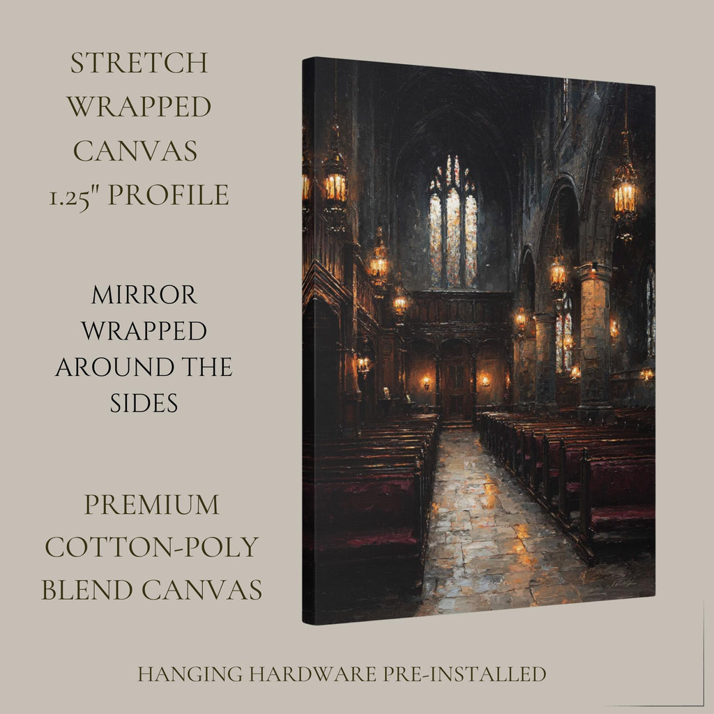 Stained Glass Window Chapel Wall Art Print Victorian Church Interior Glowing Lantern Lights Painting